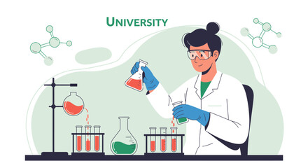 Scientist Experimenting In A University Lab With Safety Measures And Diverse Chemicals
