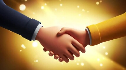Two animated arms with hands clasped in a handshake, set against a blurred golden background highlighting cooperation and professional agreement