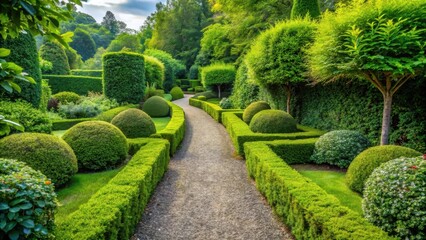 A serene garden scene with lush greenery and neatly trimmed hedges surrounding a meandering dirt path that winds its way through the landscape , outdoor landscapes, nature photography