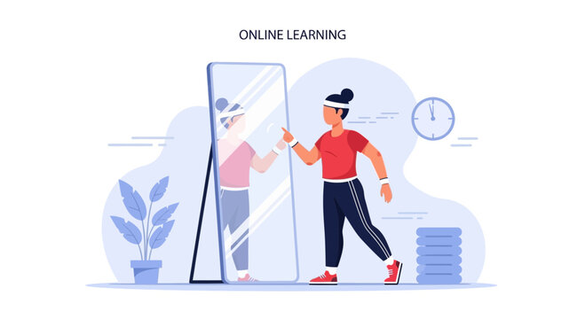 Virtual Fitness Training And Home Workout Concept In Front Of The Mirror