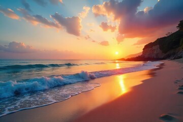 Obraz premium A serene beach scene at sunset, embodying a calm and peaceful lifestyle, reflecting inner tranquility and emotional wellbeing , calm, stillness, balance