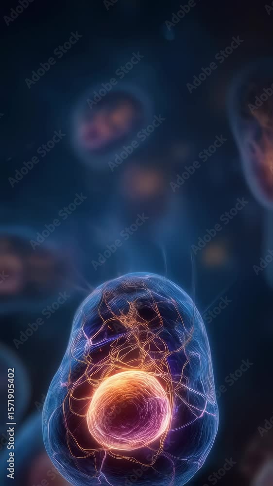Poster creative animation depicting the interaction between the nucleus and mitochondria within a biologica