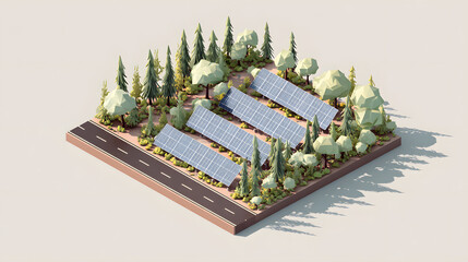 Low-poly isometric illustration of solar panels nestled within a forest clearing.