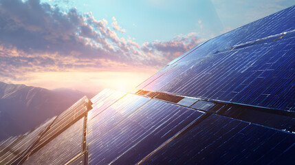 Majestic sunset illuminates vast solar panels atop a mountain, harnessing clean energy.