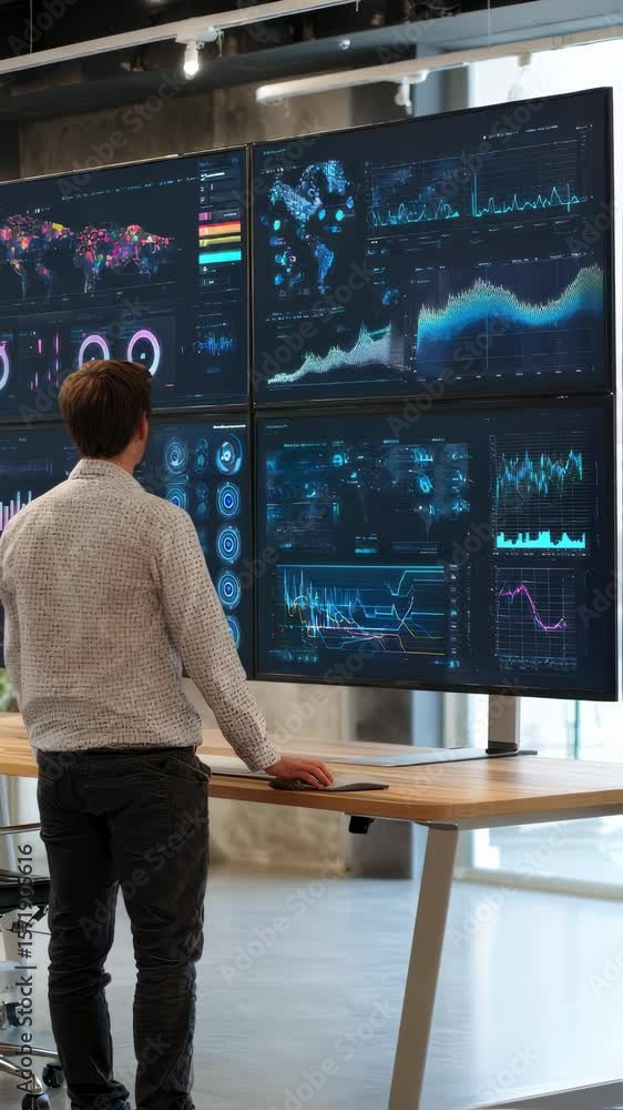 Poster it specialist is standing at a desk, looking at multiple computer screens displaying various data vi