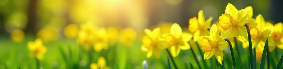 Fototapeta premium A vibrant cluster of yellow daffodils blooming in a lush green spring meadow, bathed in bright sunlight Perfect for springtime themes, Easter, and nature-related projects , sunshine, vibrant