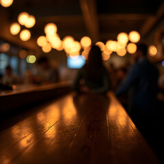 Blurred image at the bar of a long table with a woman sitting on the other side and conversating 