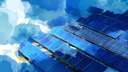 Solar panels array depicted in a watercolor style, reflecting a blue sky with fluffy white clouds, representing clean energy.