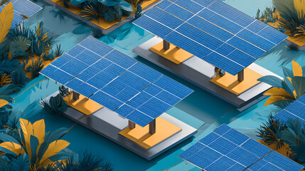 Floating solar panels in a lush tropical environment, generating clean energy.