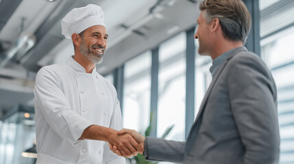 Chef and client shake hands in a modern restaurant during a business meeting in the afternoon.