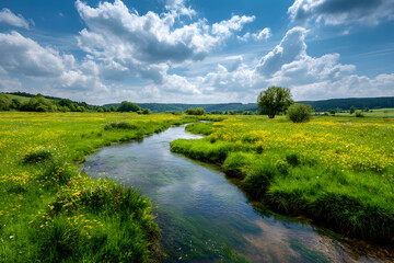 Wide green paisajes landscape with river stream under bright cloudy sky