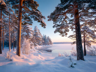 Snow covered paisajes forest with tall trees and frozen lake in morning