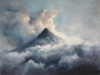 Misty paisajes mountain peak emerging from clouds in sunrise light