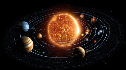 Solar system planets orbiting a fiery sun in a dark space.