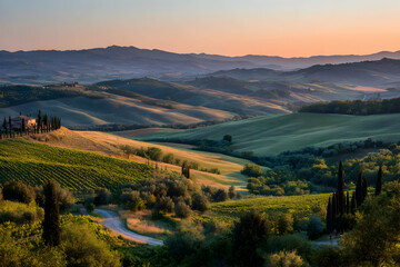 Rolling paisajes hills with winding roads and green fields