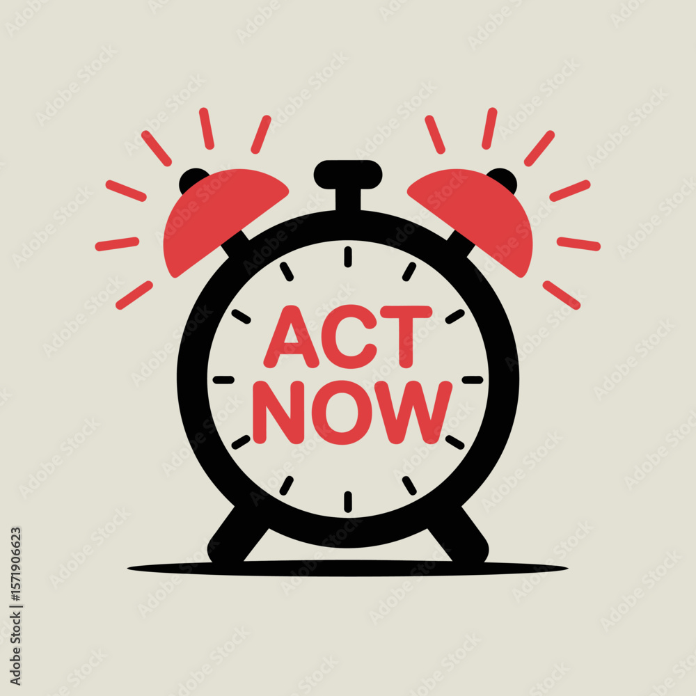 Aufkleber retro alarm clock with red bells ringing and the words act now displayed prominently on its face sym