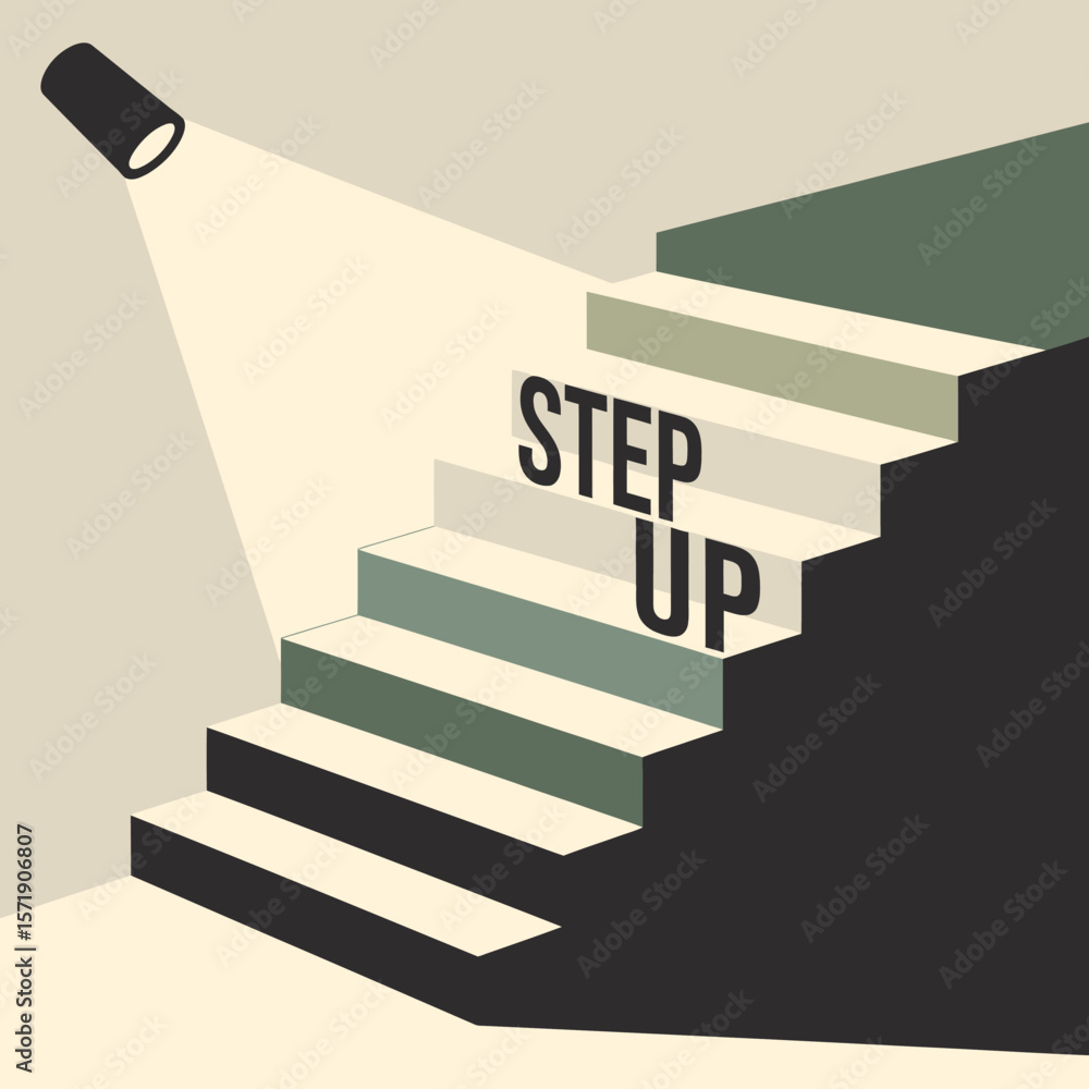Poster a spotlight illuminates a stylized staircase with the words step up prominently displayed on the ste