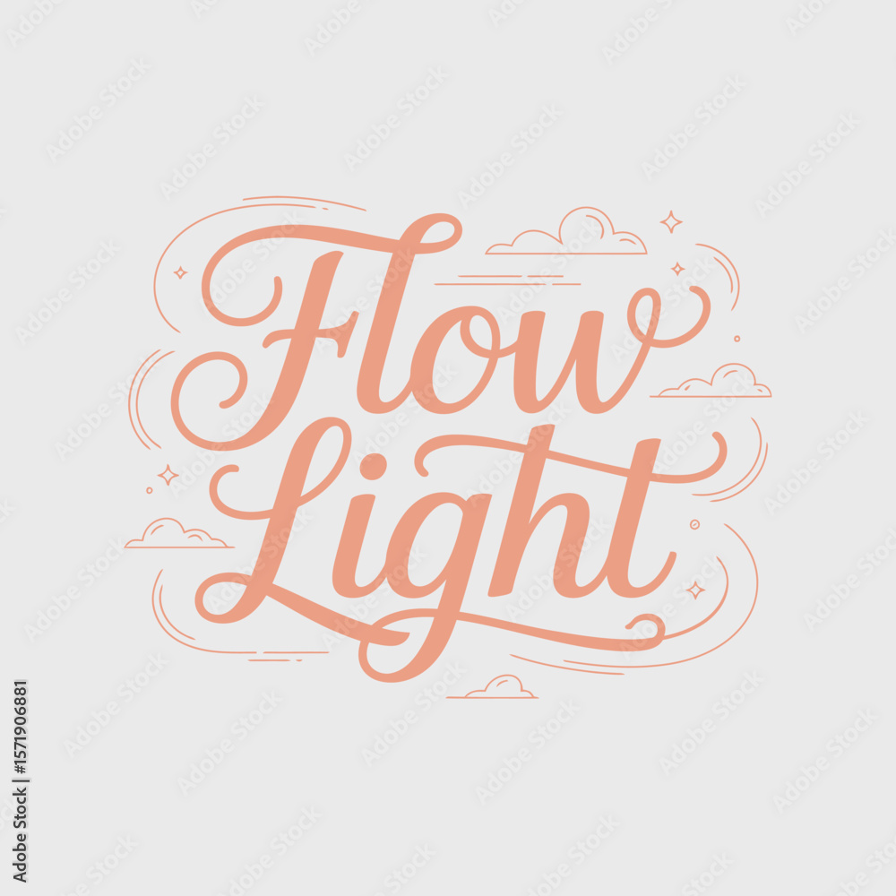 Poster flow light elegant script lettering with subtle decorative clouds and stars in a soft peach color ag