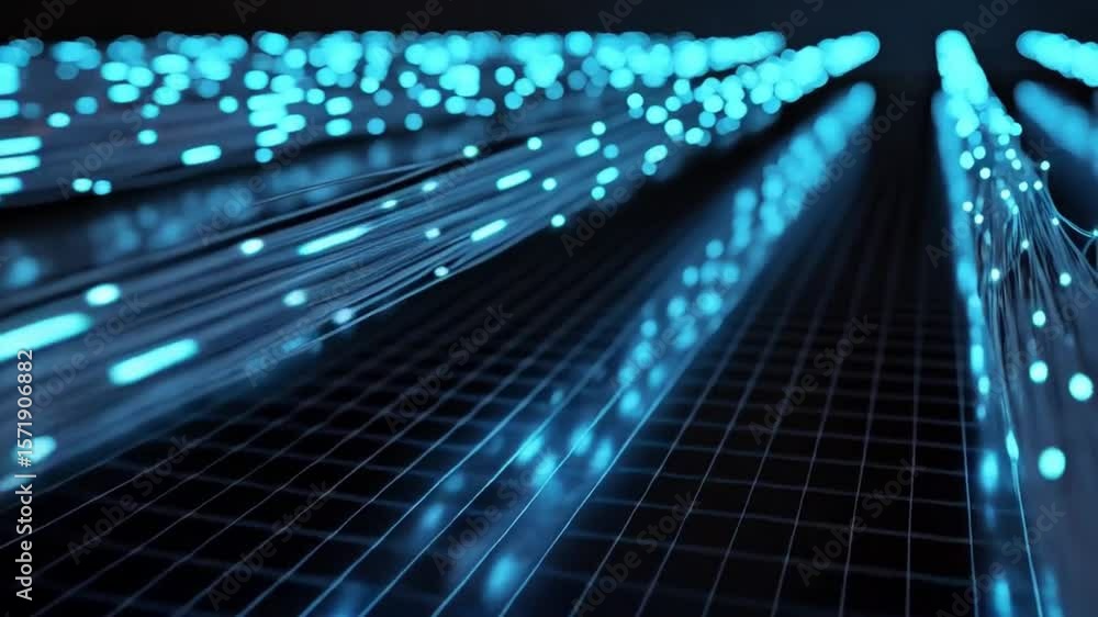 Poster glowing fiber optic cables transmit digital data signals in abstract network grid