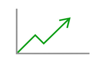 A green arrow pointing upwards on a graph illustrates business growth and financial success isolated on white background