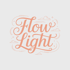 Flow light elegant script lettering with subtle decorative clouds and stars in a soft peach color against a light grey background