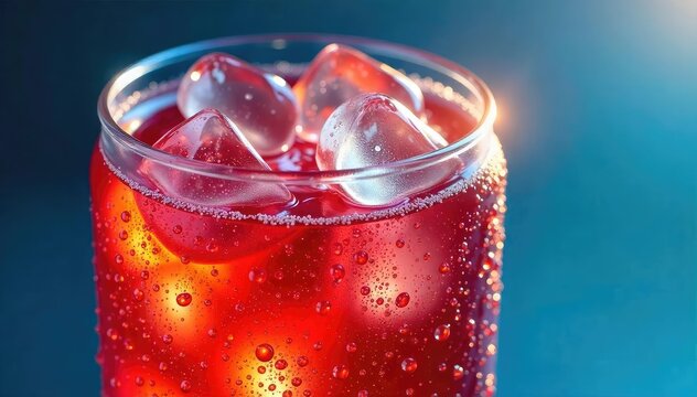 Close-up of a refreshing energy drink, condensation clinging to the can, ice cubes melting in the glass, vibrant colors reflecting light , liquid, concentration