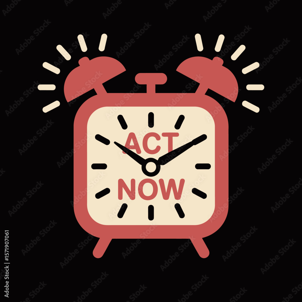 Aufkleber retro alarm clock with act now text on the face symbolizing urgency and the need for immediate actio