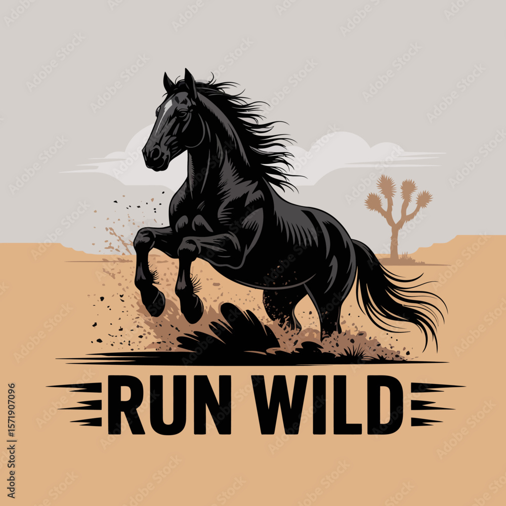 Poster powerful black stallion galloping through a desert landscape with a joshua tree in the background an