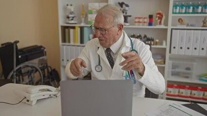 Senior doctor man in uniform talking on phone in clinic room with laptop and files visible, showcasing a professional indoor medical workplace environment. - Powered by Adobe