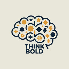 Creative brain illustration with diverse icons representing ideas and innovation accompanied by the motivational text think bold perfect for business and design concepts