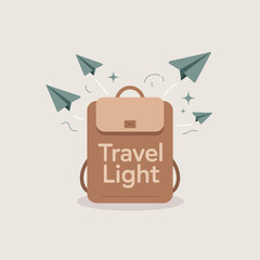A minimalist illustration of a brown backpack with the words travel light on it surrounded by flying paper airplanes and stars symbolizing adventure and freedom