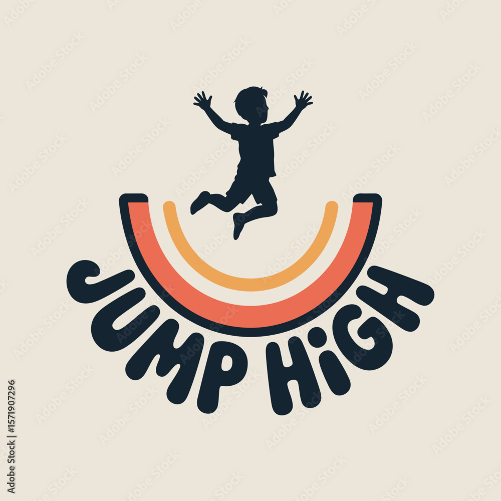 Poster silhouette of a joyful child jumping high in the air above colorful rainbow arcs with the text jump 