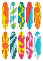 Surfing board vector set. Surfboard summer elements in colorful pattern design isolated in white background. Vector illustration summer surfing board elements collection.