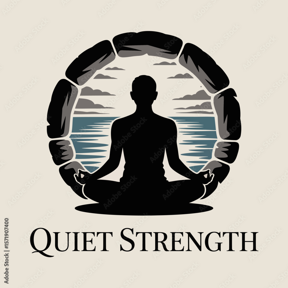 Poster silhouette of a person meditating in lotus pose within a circular stone frame overlooking a serene l