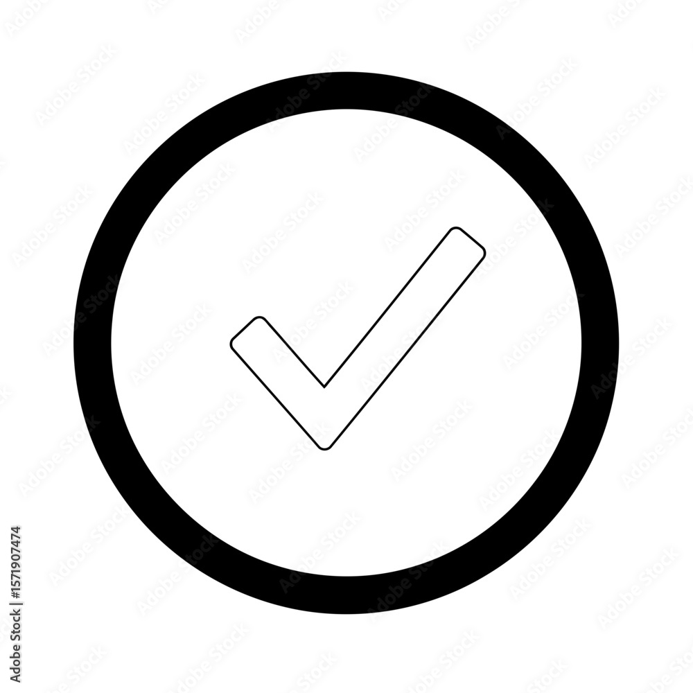 Poster a simple black outline of a check mark inside a circle signifies approval, isolated on white backgro