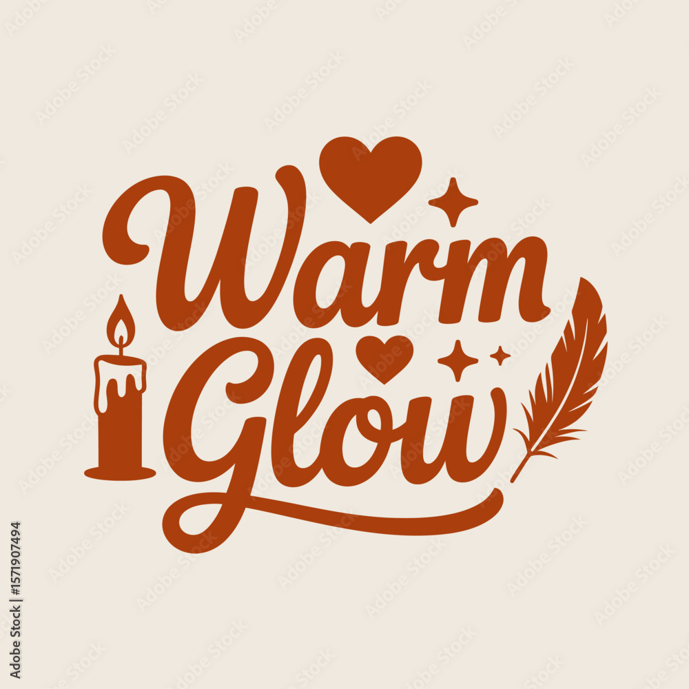 Fototapete warm glow text with decorative elements including a lit candle hearts stars and a feather presented 