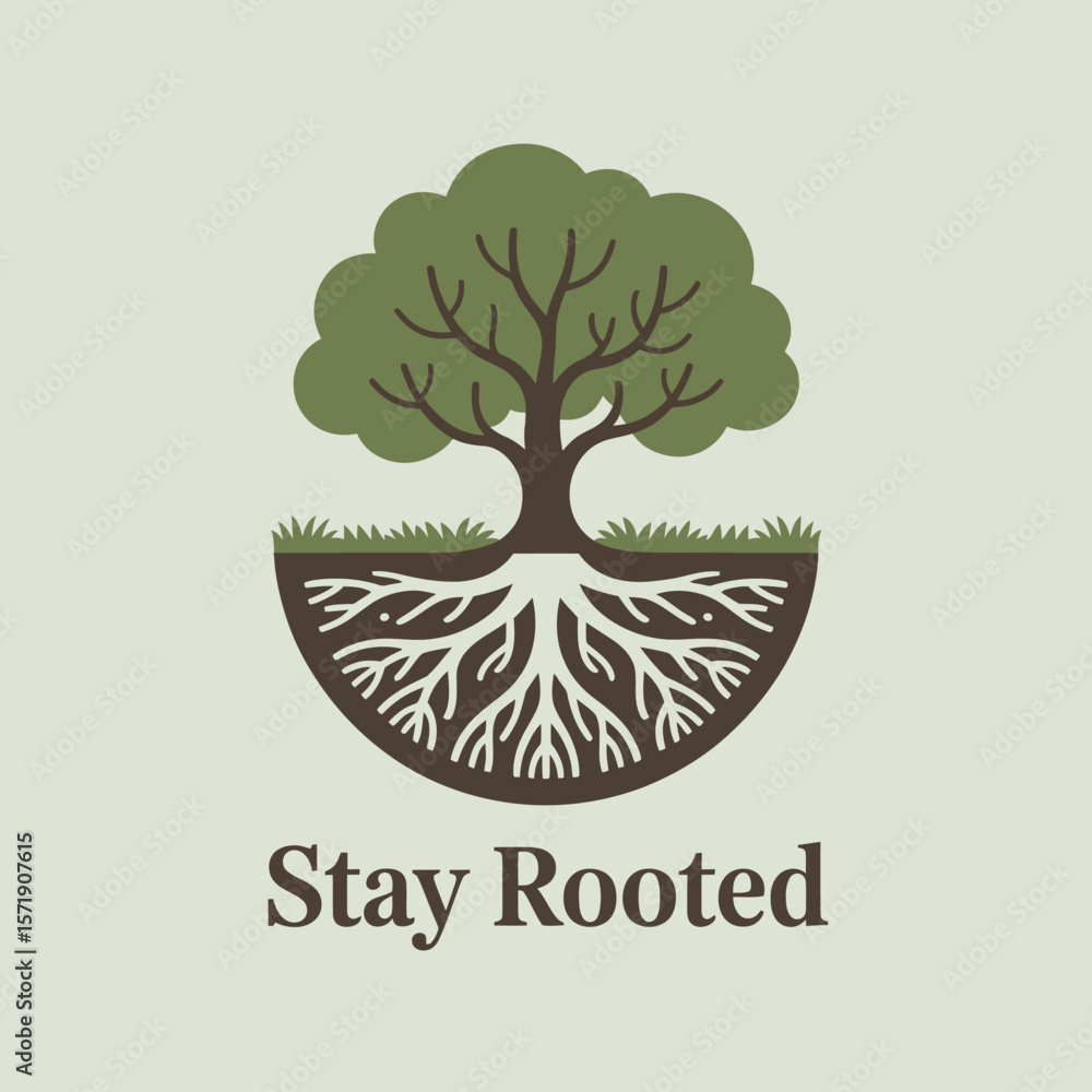 Poster a stylized graphic of a tree with visible roots and the text stay rooted below symbolizing stability