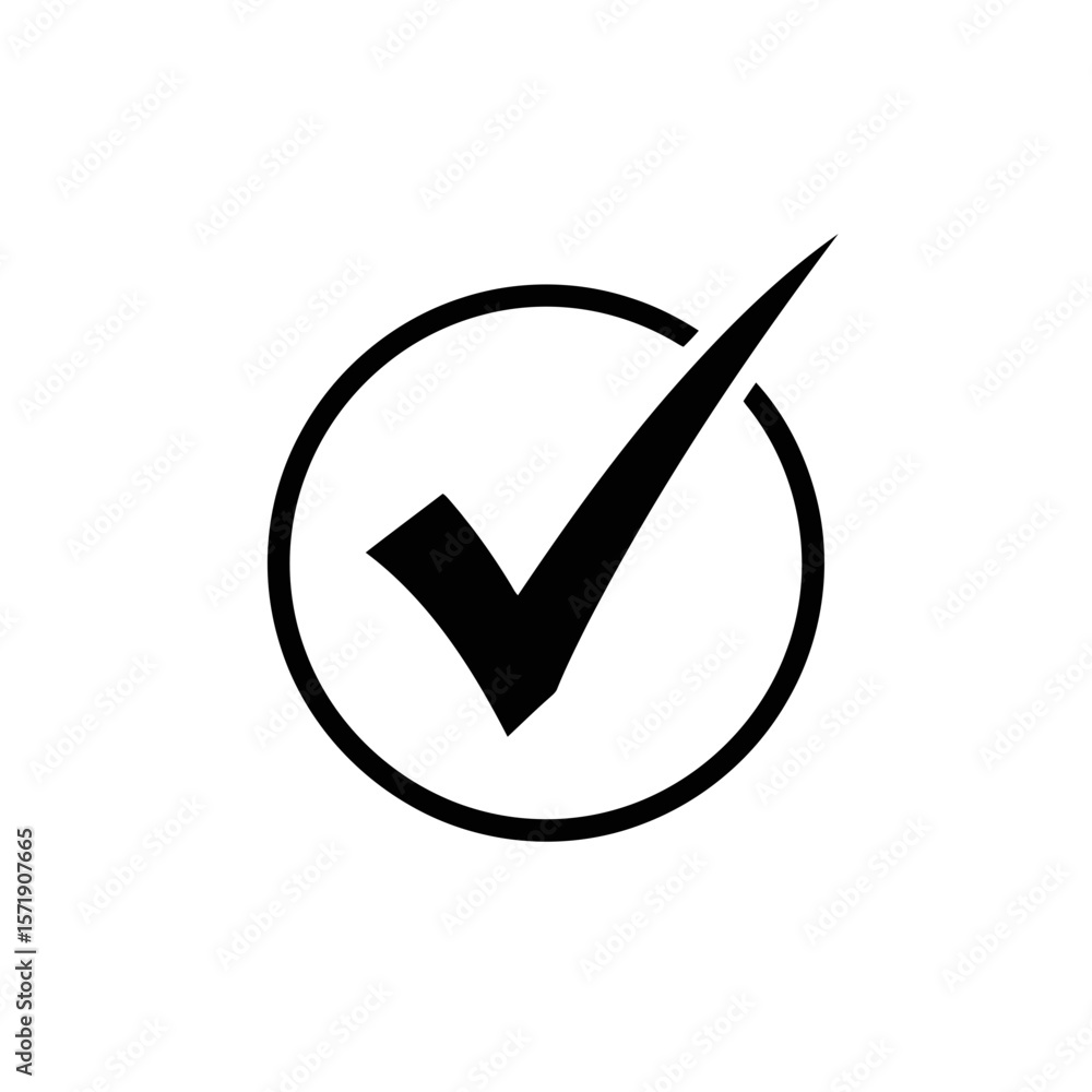 Poster a black check mark inside a circle isolated on white background signifies approval and successful co