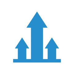 Three blue arrows point upwards, isolated on white background, symbolizing growth, increase, and positive trends in business and finance