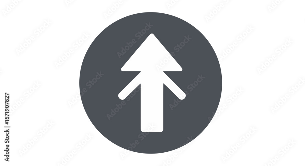 Poster a white arrow pointing upwards is centered in a gray circle, isolated on white background