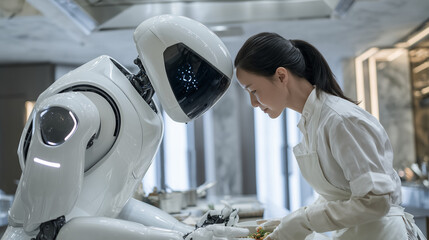 A woman and a robot chef looking at food on a counter in a bright kitchen environment together closely