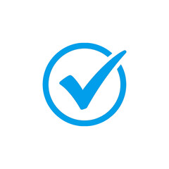 A blue check mark inside a circle indicates approval, isolated on white background