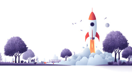 A rocket launches from a park, leaving a trail of smoke and ascending into a clear sky.