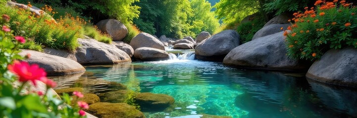 Crystal clear water flows from a mountain spring, surrounded by lush greenery and vibrant wildflowers in bloom The air is crisp and cool, promising a refreshing escape , ecosystem, spring