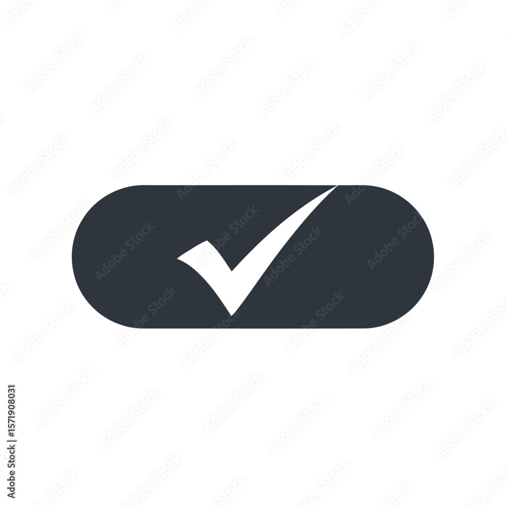 Poster a dark gray toggle switch button with a white check mark indicating an active or selected option