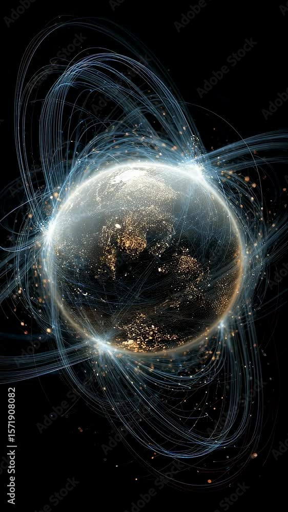 Poster an abstract image of a 3d globe encompassed by luminous lines and nodes representing the intricate w