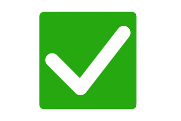 A white check mark on a green square, isolated on white background, signifies approval and correctness