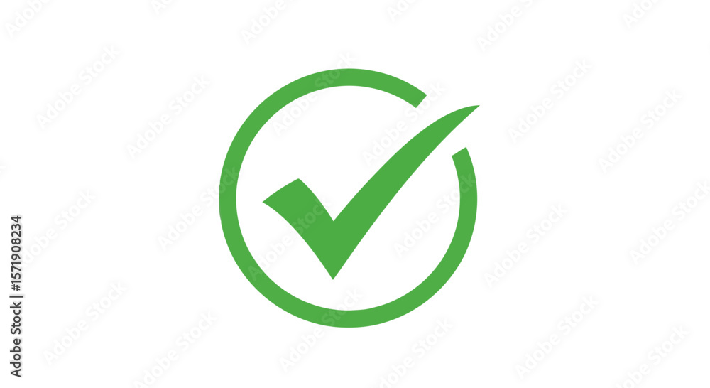Poster a green check mark inside a circle isolated on white background signifies approval and positive conf
