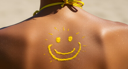 woman back in bikini sun cream sun smiling face