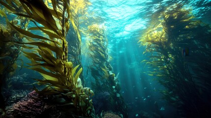 Sunlight streams through a dense kelp forest beneath the ocean surface
